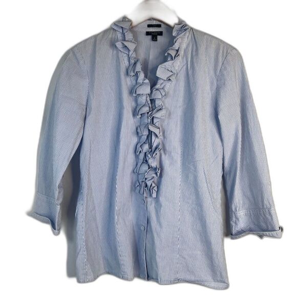 Talbots Blue White Pin Striped 3/4 Sleeve Ruffled Neckline Button Up Size 4 - Picture 1 of 10